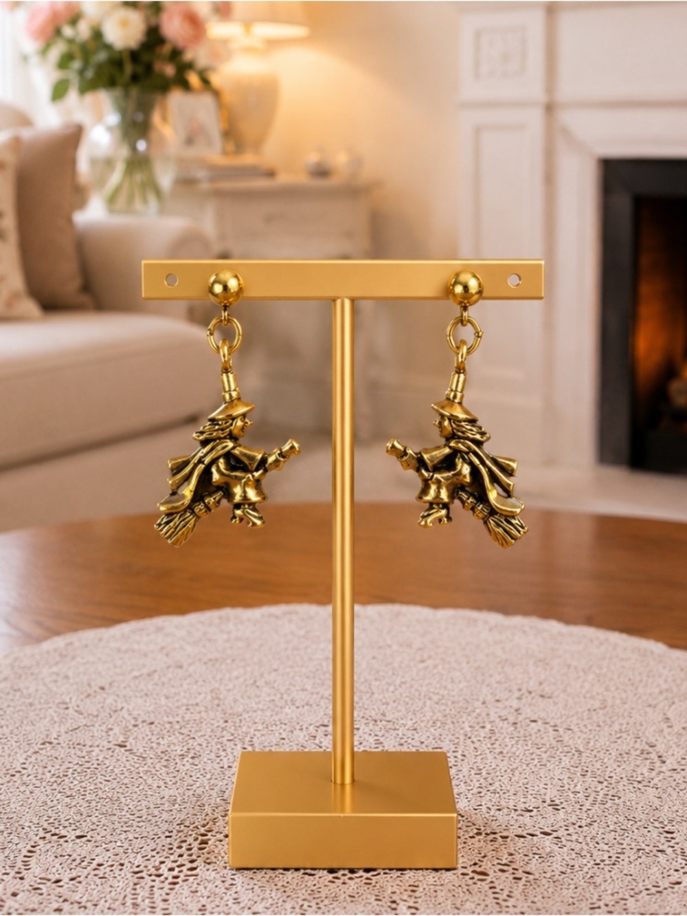 Vintage 90’s Avon Gold Witch On A Broom Dangle Earrings